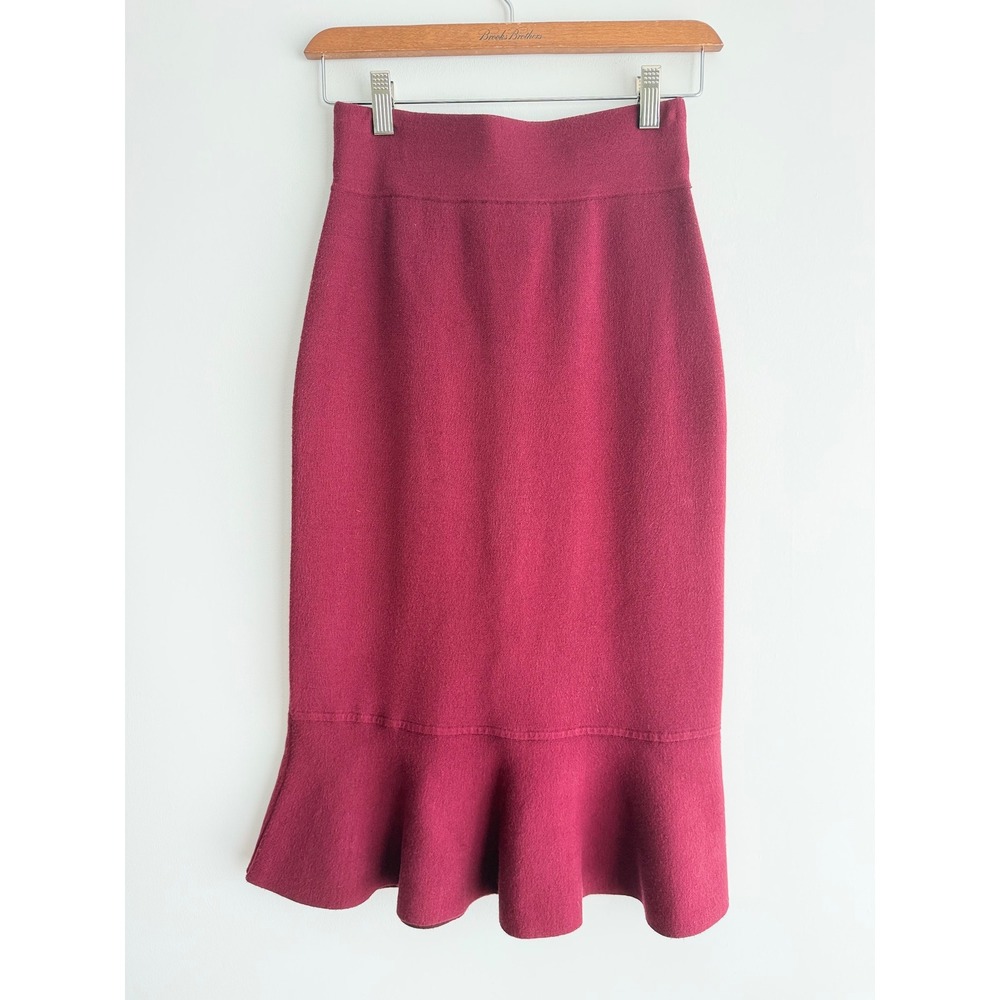 Club Monaco Reversible Knit Midi Skirt Red Burgundy Ruffle Hem Mermaid Size S